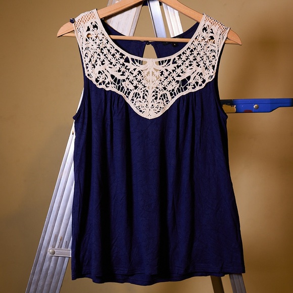 Papermoon Tops - Papermoon Navy Top with Cream Lace Detail